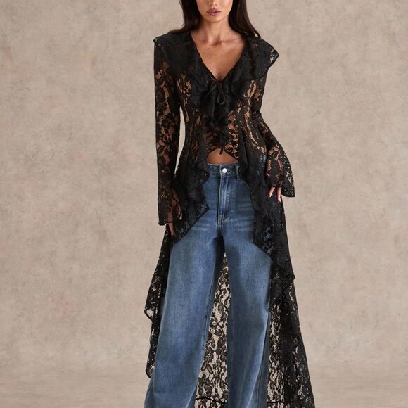 Black Elegant Women's Romantic Ruffled Lace Top Coat - Picture 5 of 7